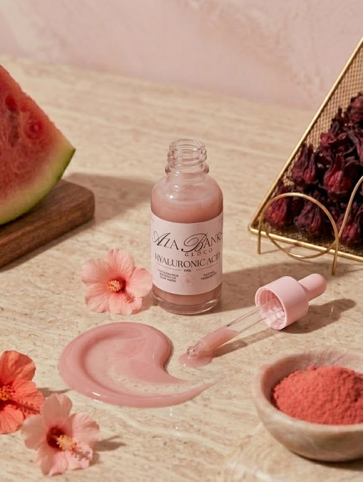 Bottle of pink serum with dropper on a wooden surface with flowers and watermelon.